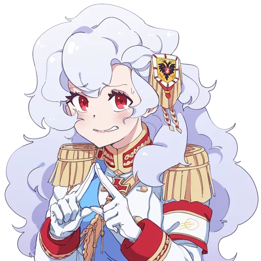 1girl aiguillette alpha_(alpha_1918) armband blue_sash blush breasts buttons collar cross cross_pendant embarrassed epaulettes findoworld fluffy fluffy_hair gloves gold_buttons gold_trim hair_ornament index_fingers_together lips long_hair looking_at_viewer medium_breasts military military_uniform nervous nervous_smile original red_eyes red_sleeve_cuffs russian_empire sash sleeve_cuffs smile solo sticker transparent transparent_background very_long_hair white_gloves white_hair