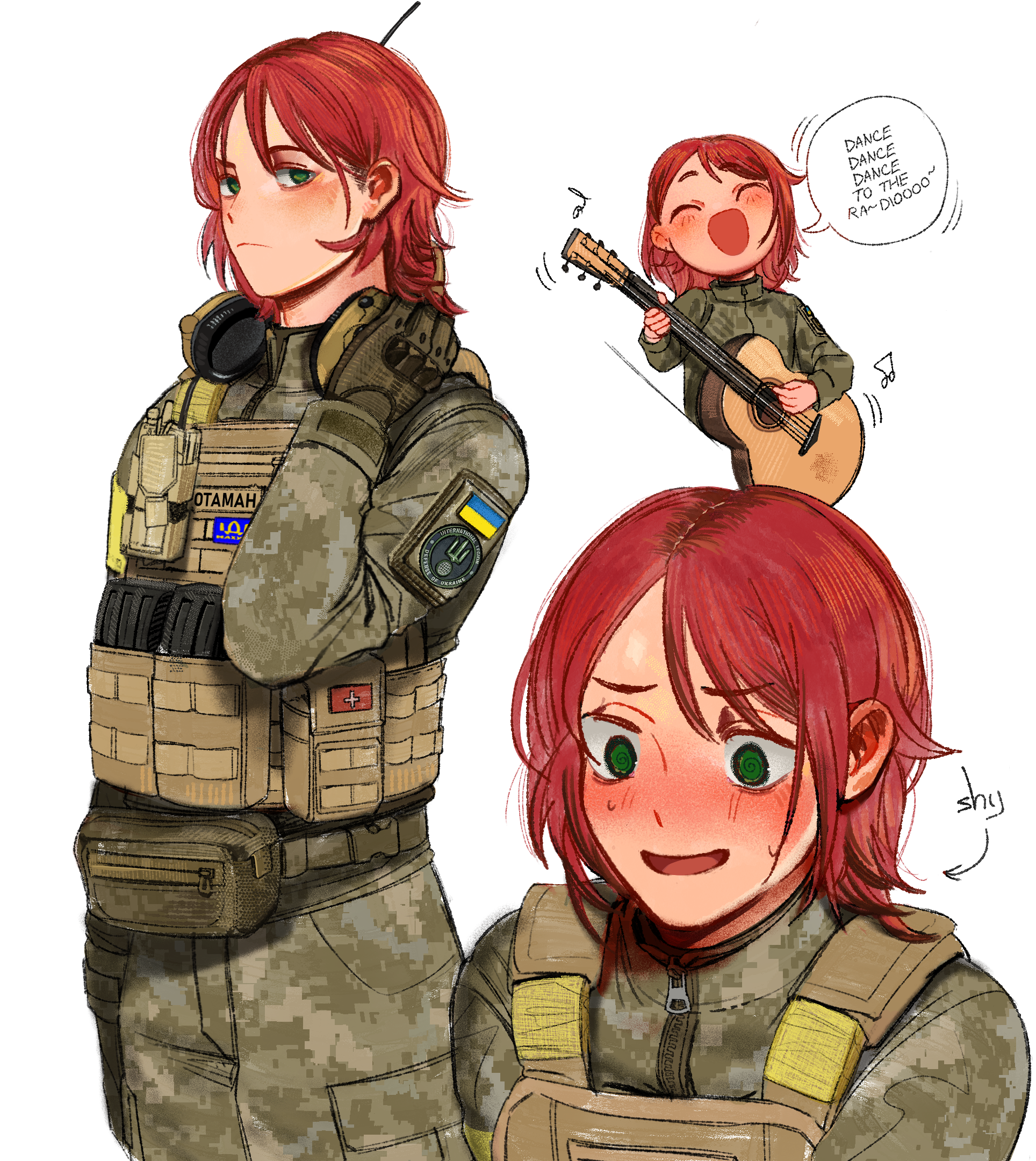 1boy acoustic_guitar ammunition ammunition_pouch androgynous armband blush bulletproof_vest chibi commentary commission commissioner_upload cyrillic english_commentary frown gloves green_eyes guitar hand_on_headphones headphones headphones_around_neck highres holding holding_guitar holding_instrument idi_nahui instrument international_legion_of_ukraine kenneth_del_duca long_hair long_sleeves looking_at_viewer male_focus military_combat_uniform military_fatigues military_uniform multiple_views music non-web_source open_mouth original playing_guitar playing_instrument pouch red_hair reference_sheet russo-ukrainian_war singing soldier speech_bubble switzerland transparent transparent_background trap ukraine ukrainian_flag ukrainian_text usergore walkie-talkie war yellow_armband