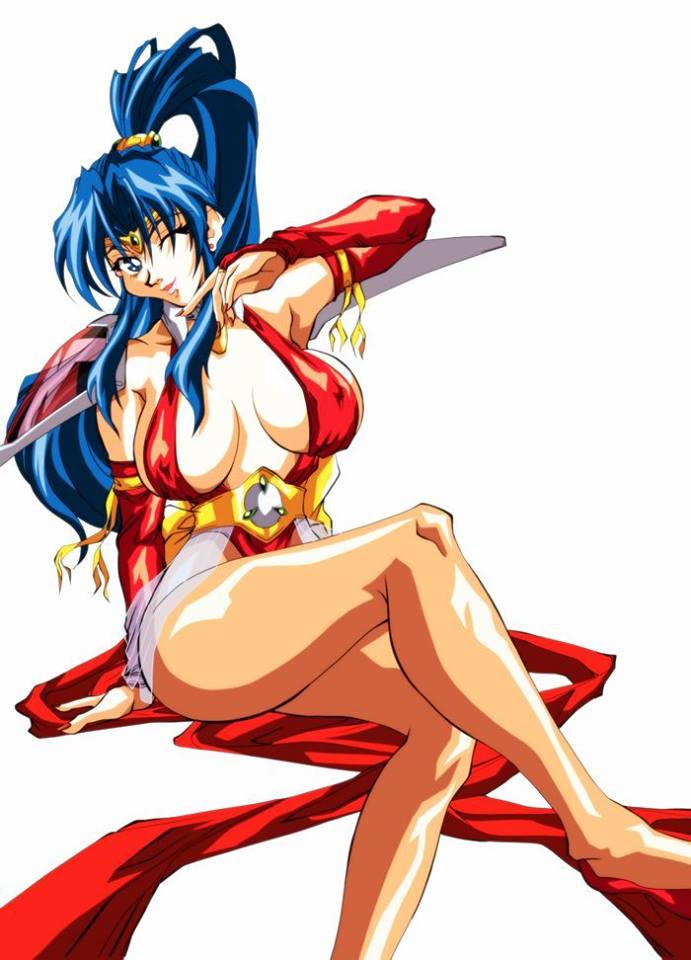 1990s_(style) 1girl ass blue_hair breasts choujin_gakuen_gowcaizer cleavage female_focus game hishizaki_shaia_(gowcaizer) legs lipstick makeup mitake_2000 nail_polish one_eye_closed ponytail retro_artstyle sideboob simple_background sitting smile solo technos white_background wink
