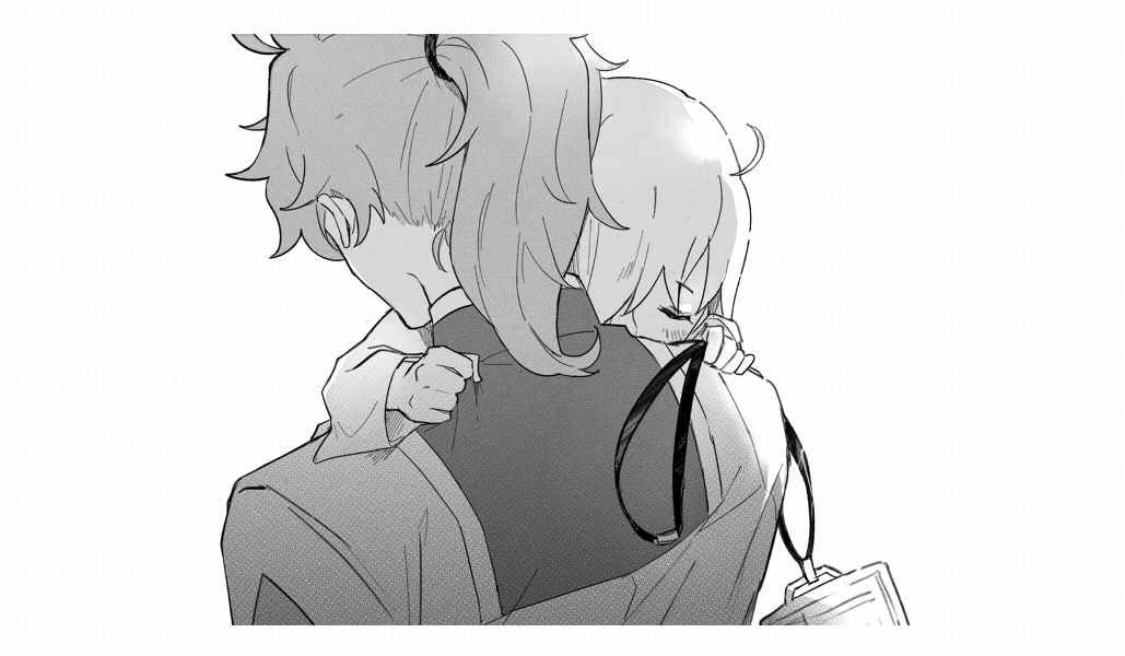 1boy 1girl aged_down blush border child closed_eyes clothes_grab coat fate/grand_order fate_(series) from_behind greyscale hair_over_one_eye head_on_another&#039;s_shoulder holding hug id_card lanyard long_hair long_sleeves mash_kyrielight monochrome ponytail romani_archaman ruoyin short_hair simple_background u_u upper_body