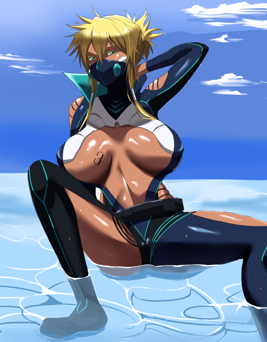 1girl arm_behind_head bleach bleach:_brave_souls blonde_hair blue_sky breast_tattoo breasts colored_eyelashes dark-skinned_female dark_skin female_focus green_eyes impossible_clothes impossible_swimsuit large_breasts looking_at_viewer mask number_tattoo ocean official_alternate_costume shiny_skin sidelocks sky swimsuit takara_joney tattoo thighs tier_harribel water