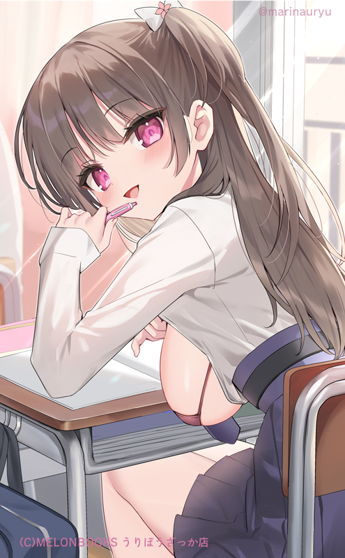 1girl :d bag bikini bikini_under_clothes blue_skirt blush breasts brown_bikini brown_hair chair day desk flashing hand_up holding holding_pen indoors large_breasts long_hair long_sleeves looking_at_viewer looking_back natsuki_marina one_breast_out one_side_up open_mouth oppai_challenge original pen pleated_skirt school_bag school_chair school_desk school_uniform shirt skirt sleeves_past_wrists smile solo swimsuit twitter_username very_long_hair white_shirt window