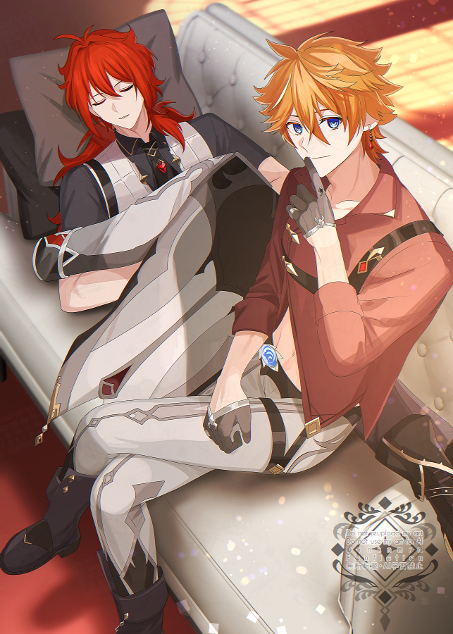 2boys black_boots black_gloves black_shirt black_shoes blue_eyes boots closed_eyes couch diluc_(genshin_impact) earrings genshin_impact gloves grey_pants hiki_yuichi jewelry long_hair lying male_focus midriff multiple_boys navel on_couch open_clothes open_shirt orange_hair pants pillow red_hair red_shirt shirt shoes short_hair sleeping tartaglia_(genshin_impact) vest vision_(genshin_impact) white_vest yaoi