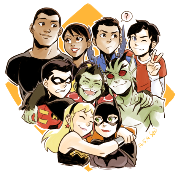 10s 2014 3girls 6+boys :3 :c ;3 ? aquaman_(series) armor artist_name barbara_gordon batgirl batman_(series) beast_boy_(dc) billy_batson black_hair black_shirt blonde_hair blue_beetle brown_eyes brown_hair bumble_bee cape cassandra_sandsmark clenched_teeth closed_eyes closed_mouth colored_skin couple dark_skin dated dc_comics domino_mask earrings emblem eye_contact fins freckles garfield_logan gills green_eyes green_hair green_skin grin hairband head_fins hug jaime_reyes jewelry karen_beecher lagoon_boy long_hair looking_at_another mal_duncan mask monster_boy multiple_boys multiple_girls one_eye_closed open_mouth orange_hair power_armor raised_eyebrow red_eyes red_shirt robin_(dc) sen_(pixiv111638) shirt short_hair sleeveless smile solid_eyes t-shirt teeth tim_drake tooth_gap v vambraces wink wonder_girl wonder_girl_(dc) wonder_woman_(series) young_justice:_invasion