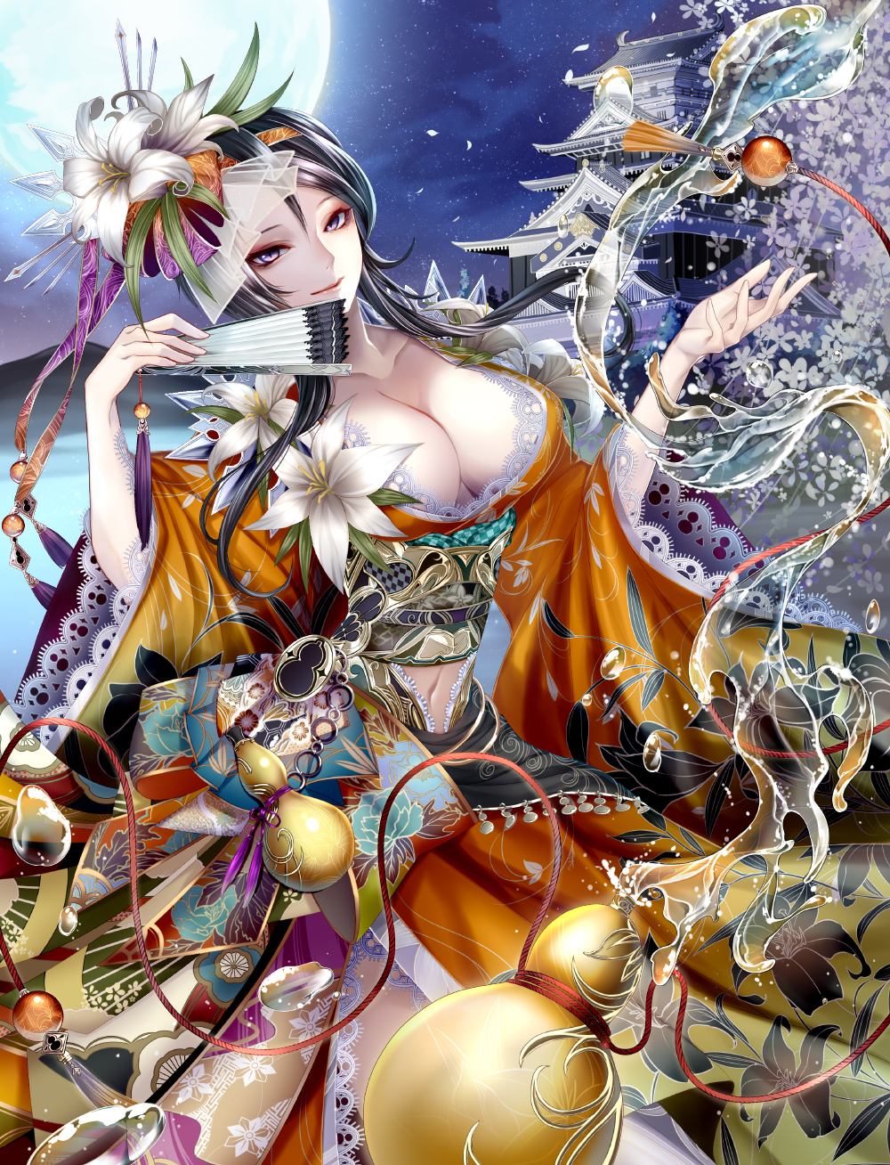 1girl architecture black_hair branch breasts castle cherry_blossoms cleavage collarbone east_asian_architecture female_focus floral_print flower folded_fan folding_fan full_moon gourd hair_flower hair_ornament hair_ribbon hand_fan highres holding japanese_clothes lace-trimmed_sleeves lace_trim large_breasts light_smile lily_(flower) lips liquid long_hair looking_at_viewer midriff mitsunari_miyako moon navel night night_sky obi original outdoors outstretched_hand palace petals purple_eyes ribbon sash sky solo spilling tassel wide_sleeves