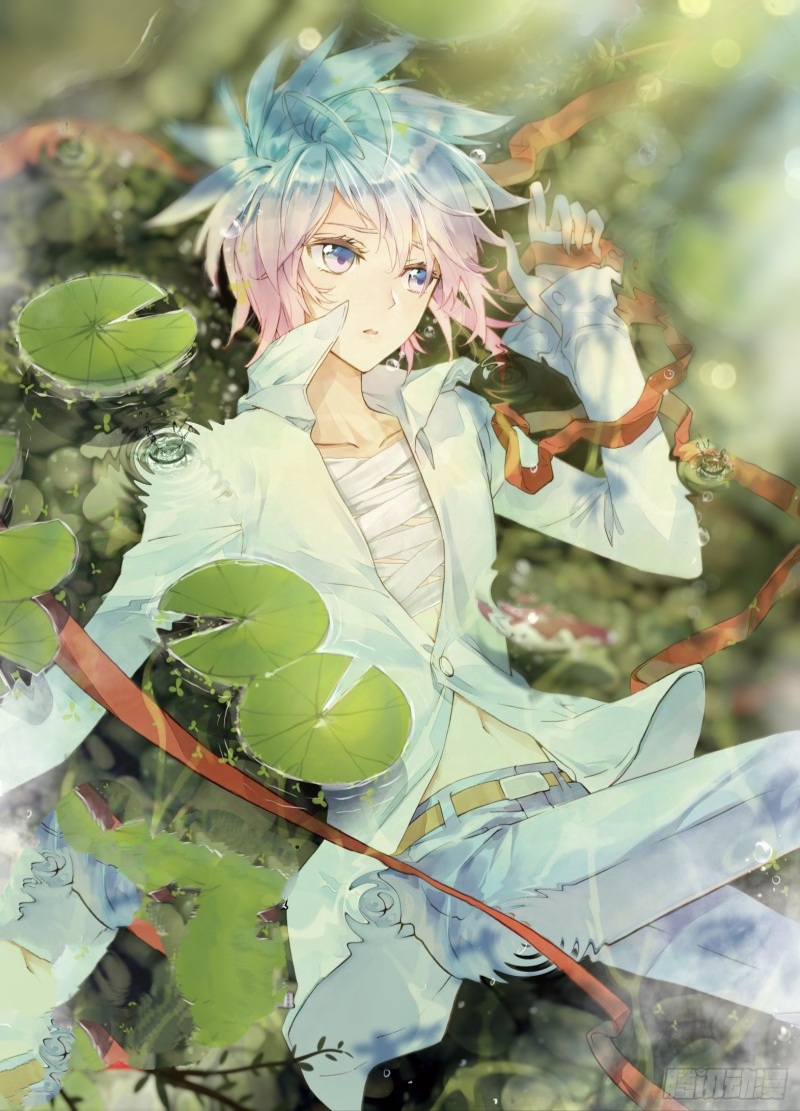 1girl bandages blue_eyes blue_hair flat_chest from_above gradient_eyes gradient_hair jueshitangmen long_sleeves looking_to_the_side lotus_leaf lying multicolored_eyes multicolored_hair pants pink_eyes pink_hair red_ribbon ribbon shirt short_hair tomboy wangdong_(jueshitangmen) white_shirt