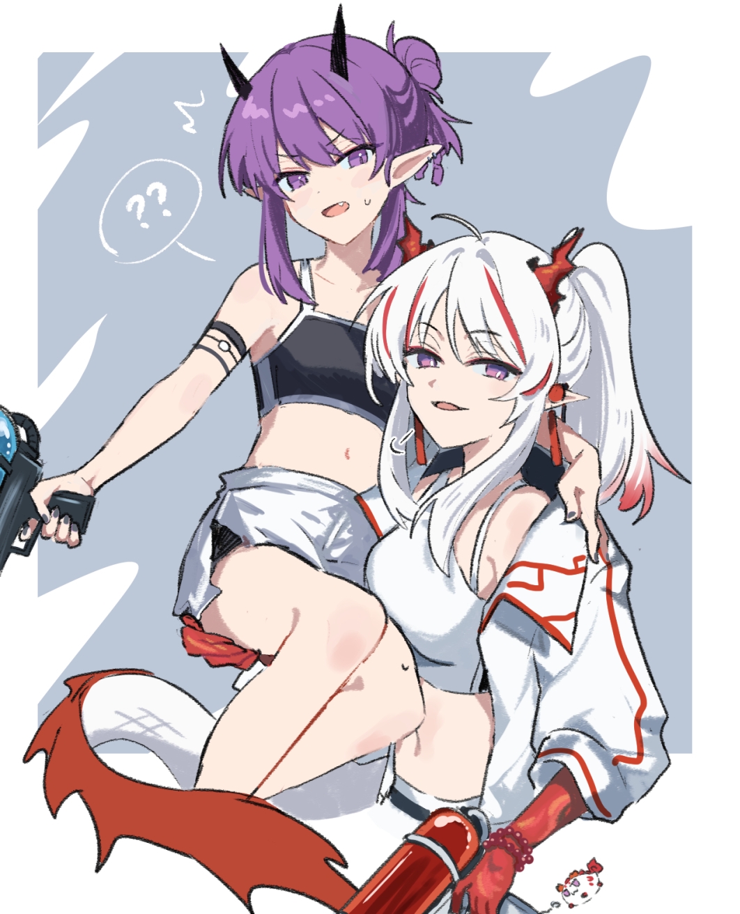 2girls ? ?? ^^^ alternate_costume arknights arm_strap bare_shoulders bead_bracelet beads black_horns black_tank_top bracelet carrying carrying_person colored_extremities commentary_request cropped_legs cropped_torso dragon_bubble_(arknights) dragon_girl dragon_horns dragon_tail ear_piercing earrings fang gun hair_bun hand_on_another&#039;s_shoulder highres holding holding_gun holding_weapon horns jacket jewelry lava_(arknights) lava_the_purgatory_(arknights) long_hair long_sleeves looking_at_another looking_at_viewer mabing multicolored_hair multiple_girls navel nian_(arknights) open_clothes open_jacket open_mouth piercing pointy_ears ponytail purple_eyes purple_hair red_hair red_hands red_horns shorts sidelocks smile streaked_hair sweatdrop tail tank_top tassel tassel_earrings weapon white_hair white_jacket white_shorts white_tank_top yuri