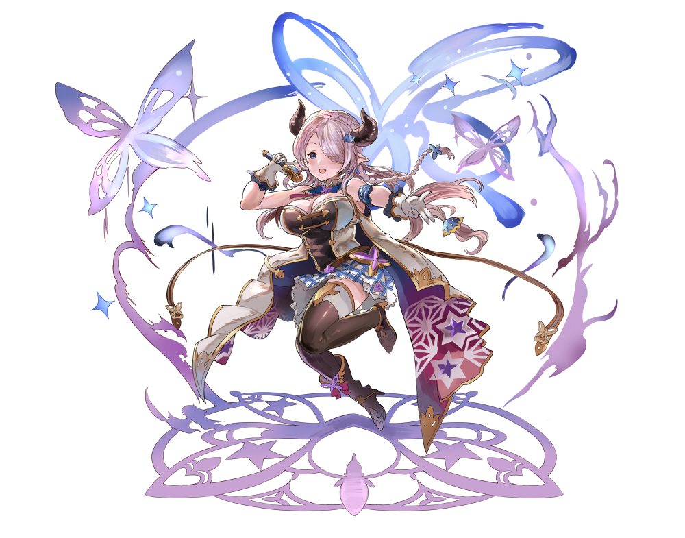 10s 1girl adapted_costume alternate_costume april_fools bare_shoulders black_legwear blue_eyes braid breasts checkered_clothes checkered_skirt cleavage_cutout clothing_cutout detached_sleeves draph female_focus full_body granblue_fantasy hair_over_one_eye himuro_shunsuke idol kimi_to_boku_no_mirai large_breasts light_purple_hair lips long_hair looking_at_viewer microphone narmaya_(granblue_fantasy) open_mouth outstretched_arm pointy_ears purple_hair simple_background single_braid skirt solo standing standing_on_one_leg white_background