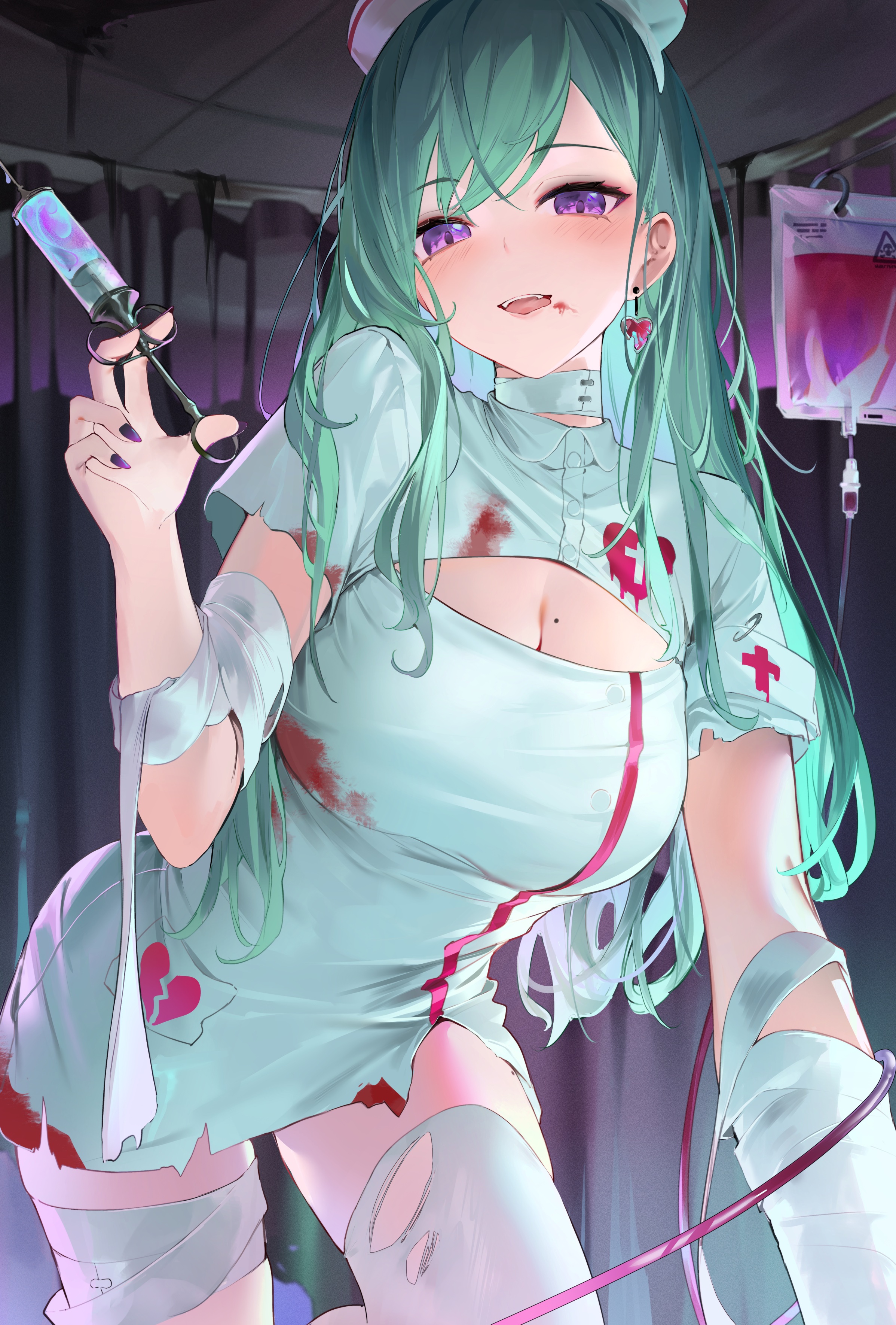 1girl absurdres bandaged_arm bandaged_leg bandaged_neck bandages blood blood_bag blood_on_clothes blood_on_face blush breasts broken_heart_print cleavage cleavage_cutout clothing_cutout dress earrings foreshortening green_hair hair_behind_ear halloween hat heart heart_earrings highres holding holding_syringe hospital intravenous_drip isaya_(pixiv4541633) jewelry large_breasts long_hair looking_at_viewer mole mole_on_breast nurse nurse_cap on_one_knee purple_eyes purple_nails reaching reaching_towards_viewer short_dress short_sleeves single_thighhigh solo swept_bangs syringe thighhighs torn_clothes torn_dress torn_thighhighs virtual_youtuber vspo! white_dress yakumo_beni