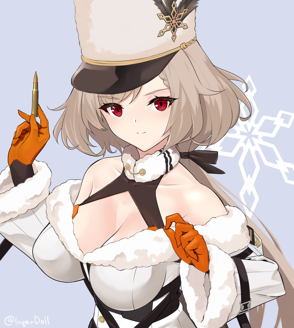 12.7x108mm 1girl ammunition anti-materiel_cartridge bare_shoulders blonde_hair blue_background breasts bullet cleavage closed_mouth coat collarbone fur_hat girls&#039;_frontline gloves hair_ribbon hat hmg_cartridge holding holding_bullet ingerdoll kord_(girls&#039;_frontline) large_breasts long_hair looking_at_viewer magnum_cartridge military_cartridge orange_gloves papakha red_eyes ribbon rifle_cartridge simple_background smile snowflake_print solo supersonic_ammunition twitter_username upper_body white_coat white_hat winter_clothes winter_coat