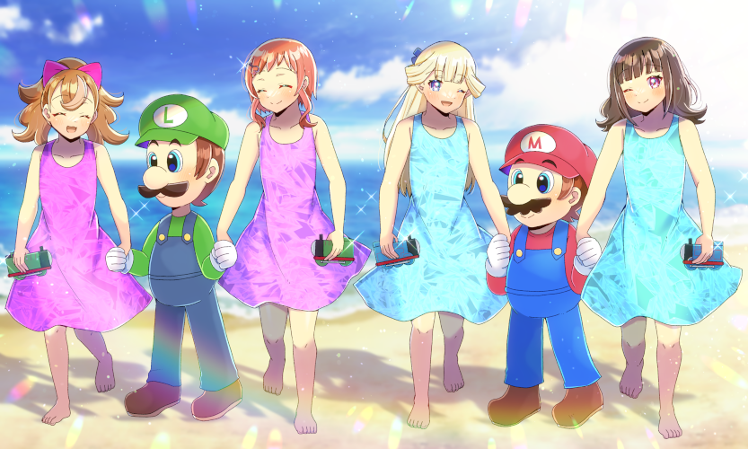 2boys 4girls ;) ;d ^_^ bare_arms bare_shoulders barefoot beach blonde_hair blue_dress blue_sky blurry blurry_background blush brown_hair brown_shoes closed_eyes closed_mouth cloud commentary_request commission crossover day depth_of_field dress flat_cap floral_print gloves green_hat green_shirt hair_ornament hairclip hat holding holding_hands horizon inukai_iroha inukai_komugi kou_hiyoyo luigi mario mario_(series) multiple_boys multiple_girls nekoyashiki_mayu nekoyashiki_yuki nintendo ocean one_eye_closed open_mouth orange_eyes outdoors overalls precure print_dress purple_dress red_hat red_shirt sand shirt shoes skeb_commission sky sleeveless sleeveless_dress smile thomas_the_tank_engine thomas_the_tank_engine_(character) water white_gloves wonderful_precure!