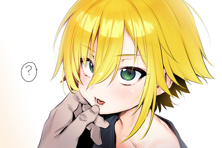 2boys ? blonde_hair cr-r green_eyes hair_between_eyes male_focus male_hand multiple_boys nijisanji open_mouth short_hair solo_focus spoken_question_mark teeth trap uzuki_kou virtual_youtuber yaoi