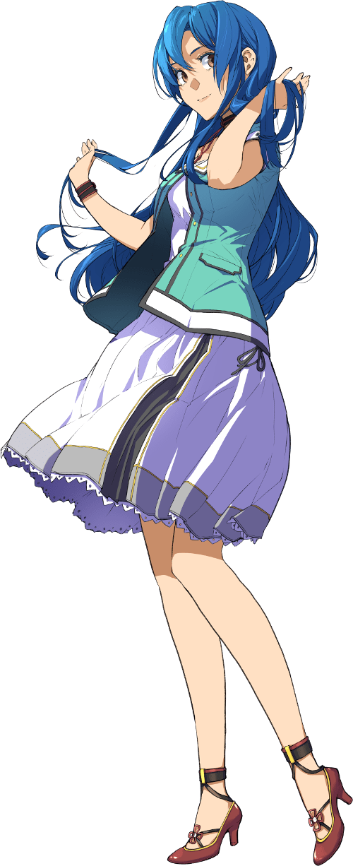 1girl blue_hair brown_footwear closed_mouth dress eiyuu_densetsu enami_katsumi full_body hair_between_eyes high_heels highres kai_no_kiseki kuro_no_kiseki_(series) long_hair looking_at_viewer nina_fenly official_art second-party_source simple_background solo standing white_background white_dress yellow_eyes