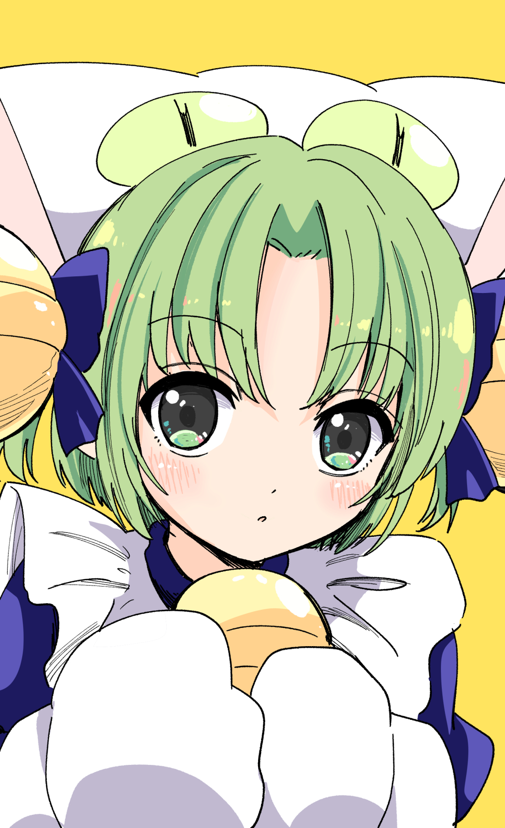 1girl animal_hat anzu_yoshihiro bell blue_ribbon cat_hat curtained_hair dejiko di_gi_charat green_eyes green_hair hat highres jingle_bell looking_at_viewer mittens parted_lips ribbon short_hair solo white_mittens yellow_background