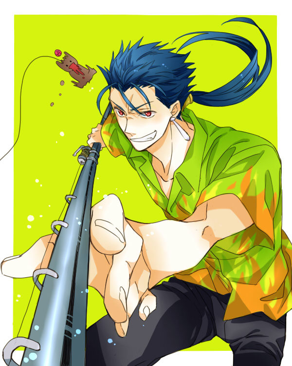 1boy bad_id bad_pixiv_id blue_hair carnival_phantasm cu_chulainn_(fate) cu_chulainn_(fate/stay_night) earrings fate/hollow_ataraxia fate_(series) fishing_rod foreshortening grail-kun hawaiian_shirt jewelry long_hair male_focus official_alternate_costume perspective ponytail ran_(ran_0605) red_eyes shirt solo