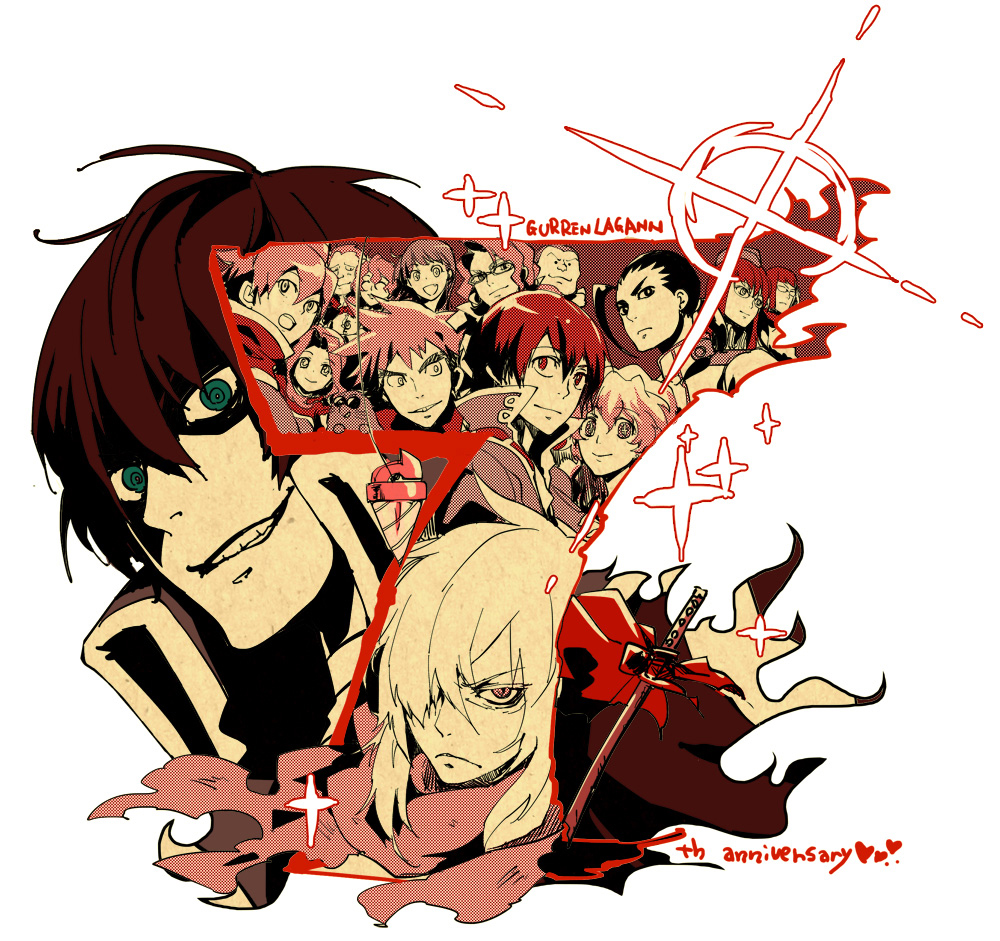00s 6+boys 6+girls anniversary boota_(ttgl) core_drill darry_adai dayakka everyone garlock_simon gimmy_adai guinble kinon_bachika kittan_bachika kiyal_bachika kiyoh_bachika leite_jokin makken multiple_boys multiple_girls nia_teppelin rossiu_adai simon_(ttgl) sword tengen_toppa_gurren_lagann umapan weapon