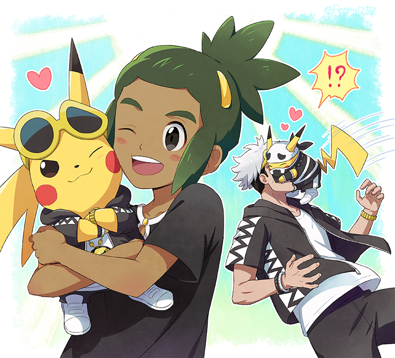 !? 2boys blush bracelet clothed_pokemon commentary_request cosplay gen_1_pokemon green_hair guzma_(pokemon) guzma_(pokemon)_(cosplay) hau_(pokemon) heart holding holding_pokemon hood hoodie jewelry male_focus motion_lines multiple_boys nintendo one_eye_closed open_clothes open_hoodie open_mouth pants pikachu pokemon pokemon_(creature) pokemon_sm sewenan shirt short_sleeves smile spoken_interrobang sunglasses team_skull team_skull_grunt team_skull_grunt_(cosplay) teeth tongue watch white_shirt wristwatch yellow-framed_eyewear