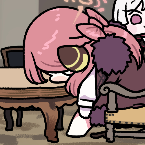 2girls aru_(blue_archive) barefoot blue_archive chair chibi coat commentary_request fur-trimmed_coat fur_trim gloves grey_hair halo head_on_table horns jazz_jack long_hair lowres multiple_girls mutsuki_(blue_archive) pink_hair purple_eyes smile solo_focus table variant_set white_gloves