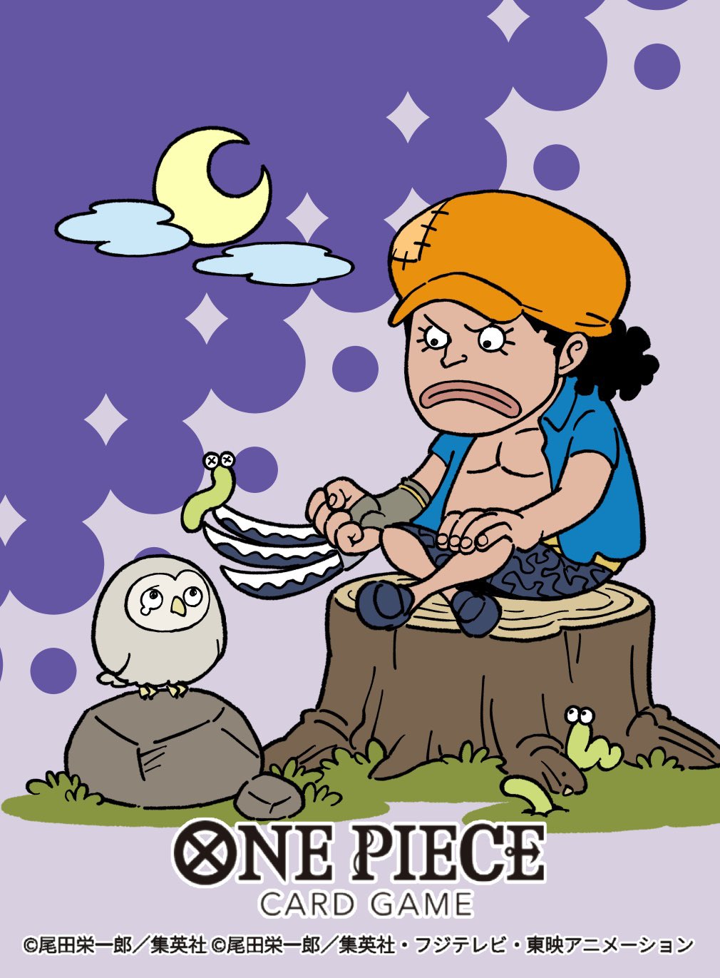 1boy aged_down bird black_hair child closed_mouth cloud commentary_request copyright_name crossed_legs curly_hair earthworm eyelashes hat highres holding holding_weapon male_focus marshall_d._teach moon naka29maru night night_sky official_art one_piece one_piece_card_game orange_hat owl sky solo weapon