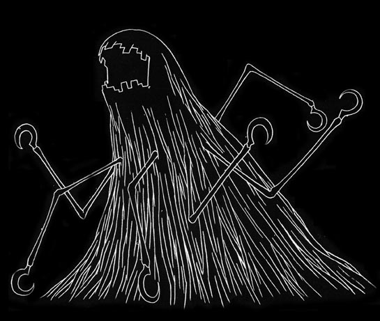 black_background concept_art creepy d-reaper digimon digimon_tamers extra_arms full_body horror_(theme) monochrome official_art open_mouth reaper_(digimon) sickle simple_background solo tentacles