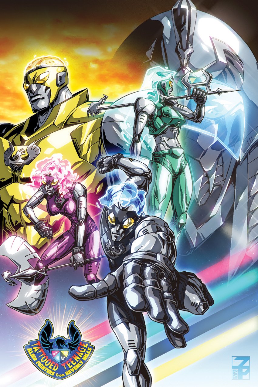 2girls 3boys apollo_(ttaffbv) armor artist_logo axe black_armor blonde_hair blue_armor blue_hair centaur_(ttaffbv) character_request check_character clenched_hand commentary copyright_name dyemooch energy_hair english_commentary fighting_stance gloves glowing green_armor green_hair grey_armor grey_gloves highres holding holding_axe holding_sword holding_weapon incoming_attack insignia knightron_(ttaffbv) logo multiple_boys multiple_girls pink_armor pink_hair redesign scorpio_(ttaffbv) sword tattooed_teenage_alien_fighters_from_beverly_hills taurus_(ttaffbv) tokusatsu weapon yellow_armor yellow_eyes
