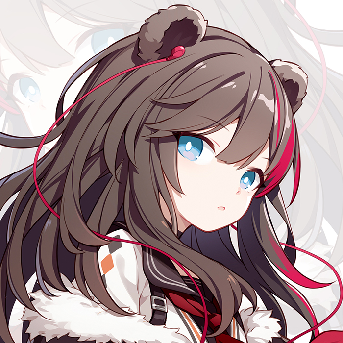 1girl animal_ears arknights bear_ears blue_eyes brown_hair chibi chibi_only chinese_commentary commentary_request earphones fur_trim long_hair looking_at_viewer looking_to_the_side multicolored_hair necktie off_shoulder parted_lips photoshop_(medium) portrait quan_(kurisu_tina) red_necktie sailor_collar shirt solo streaked_hair white_shirt zima_(arknights) zoom_layer