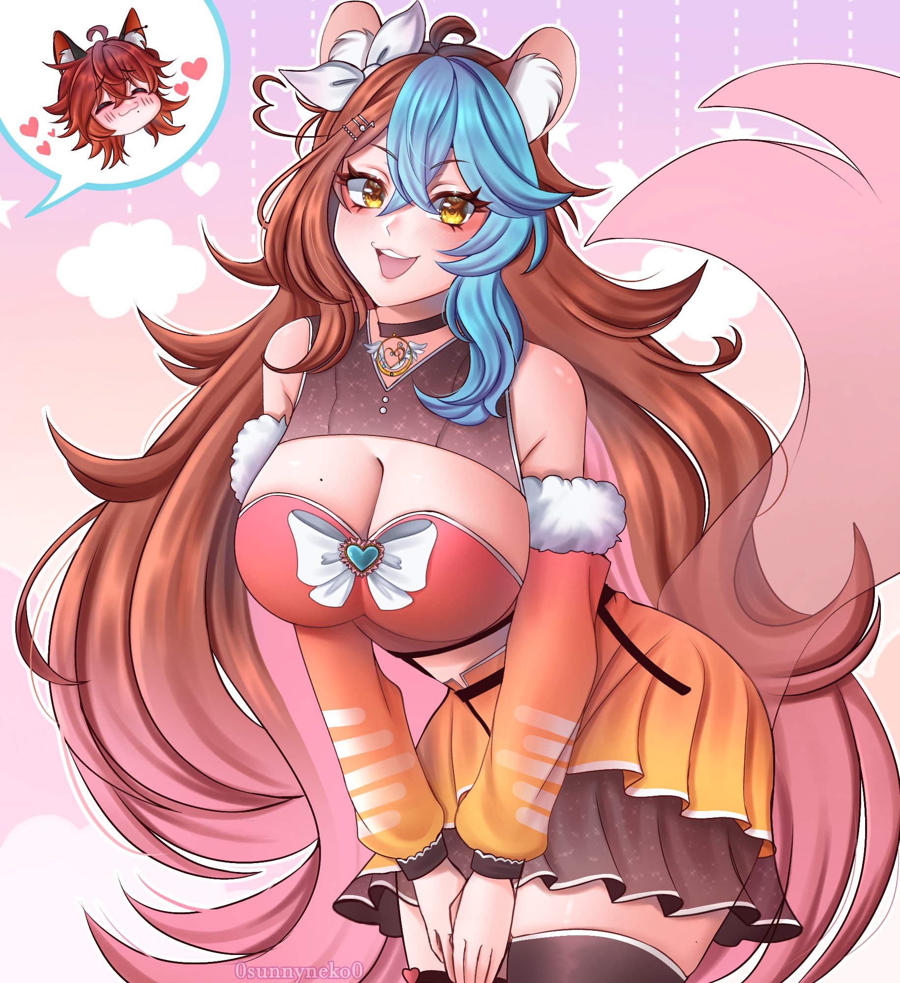 0sunnyneko0 1boy 1girl animal_ears artist_name bare_shoulders black_choker black_shrug black_skirt black_thighhighs blue_hair blush bow breasts brown_hair chinchilla_ears chinchilla_girl chinchilla_tail choker cleavage close-up closed_eyes closed_mouth colored_tips cowboy_shot cropped_shirt detached_sleeves eyebrows eyelashes gradient_background gradient_clothes gradient_hair hands_on_own_thighs hetero highres indie_virtual_youtuber jewelry keirame_(vtuber) krex_(vtuber) large_breasts leaning_forward long_hair mole mole_on_breast mole_under_mouth multicolored_background multicolored_hair multicolored_skirt multicolored_sleeves necklace open_mouth orange_background orange_shirt orange_skirt orange_sleeves pink_background pink_hair red_hair shirt shrug_(clothing) simple_background skirt sleeveless sleeveless_shrug smile solo_focus standing strapless strapless_shirt tail teeth thick_thighs thighhighs thighs upper_teeth_only very_long_hair virtual_youtuber white_background white_bow white_sleeves yellow_eyes yellow_skirt yellow_sleeves