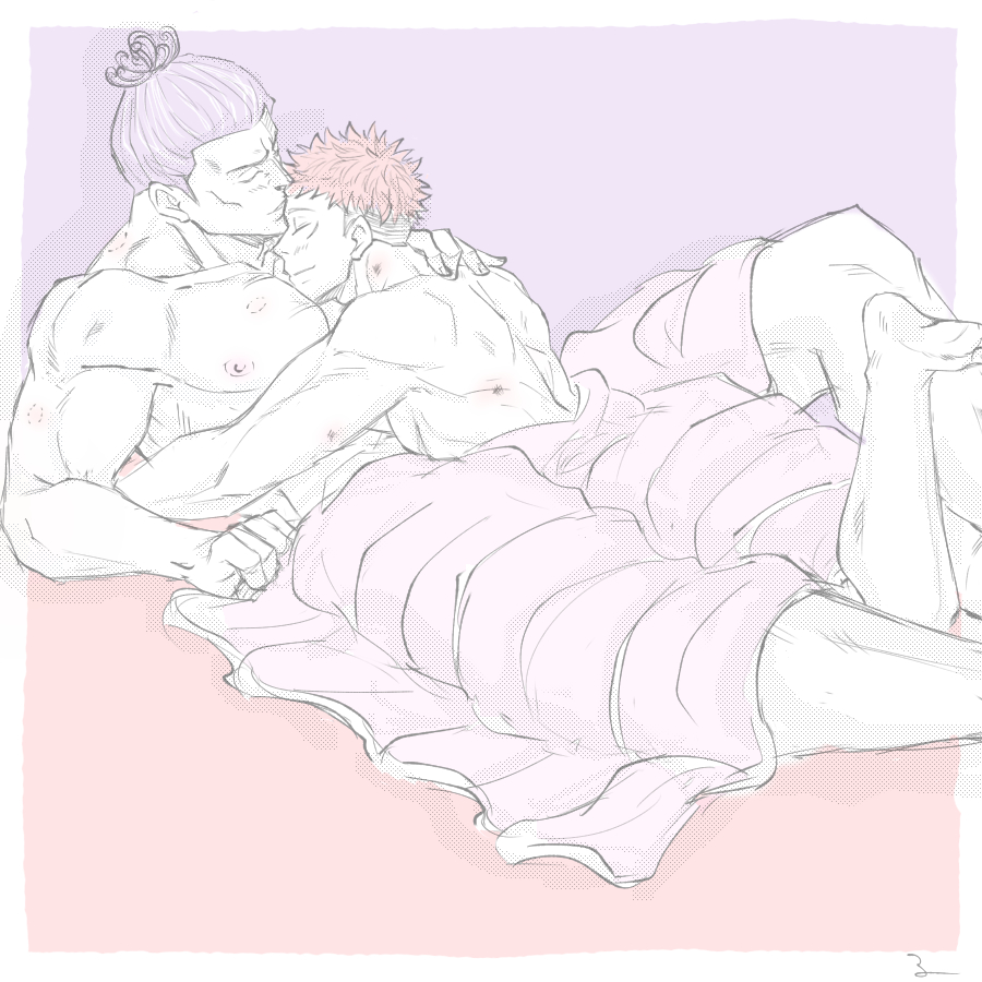 2boys bara black_hair couple feet_up full_body greyscale_with_colored_background hickey itadori_yuuji jujutsu_kaisen kiss kissing_forehead large_pectorals lying_on_person male_focus multiple_boys muscular muscular_male nipples pectoral_pillow pectorals ruu_(ruuu0101) scar scar_across_eye scar_on_face short_hair sideburns three-toned_background toned toned_male toudou_aoi_(jujutsu_kaisen) undercut yaoi