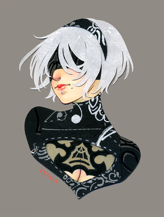1girl 2b_(nier:automata) artist_name black_dress black_hairband blindfold breasts cleavage cleavage_cutout clothing_cutout commentary covered_eyes dress english_commentary grey_background hairband high_collar mole mole_under_mouth nier:automata nier_(series) papercraft_(medium) print_dress short_hair simple_background solo unconventional_media white_hair yutaan