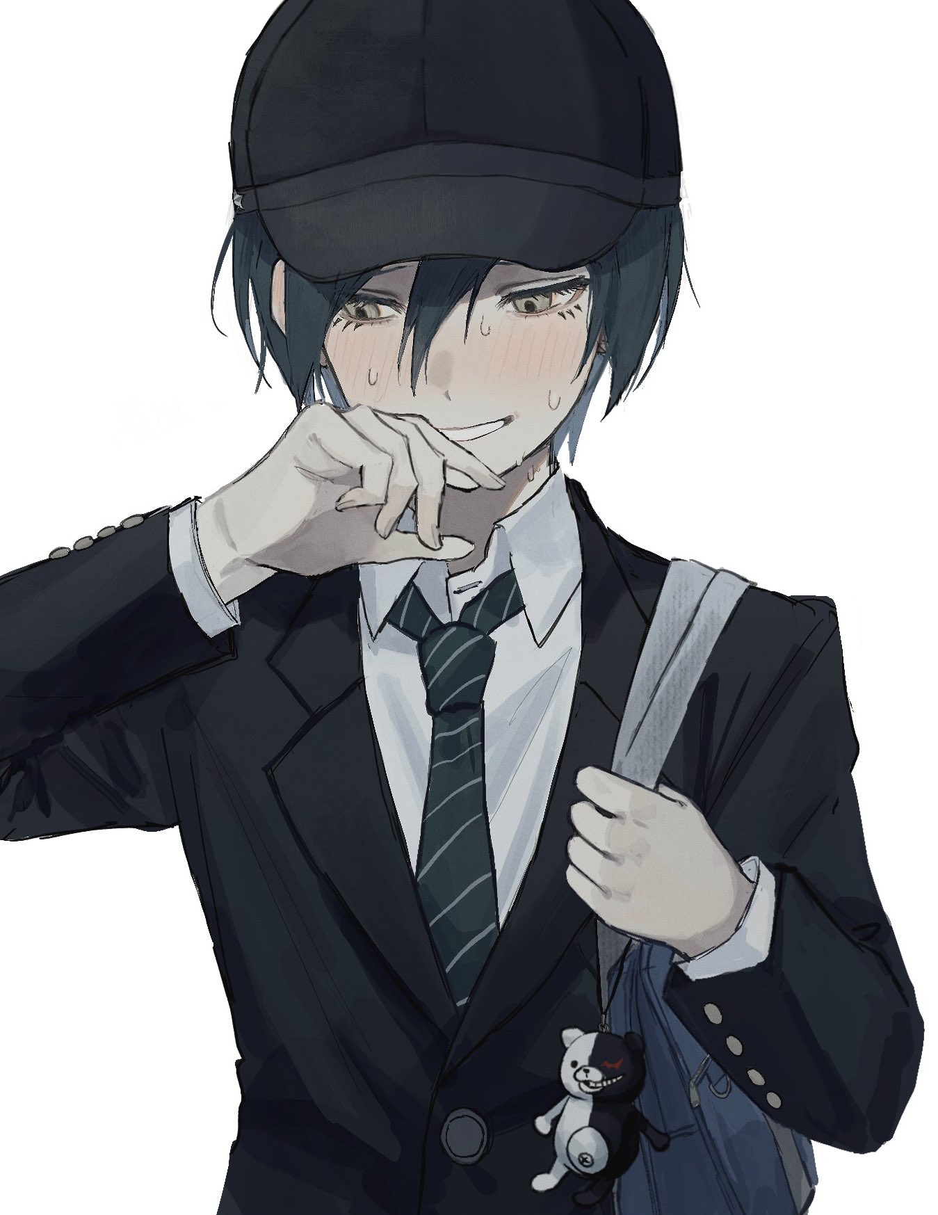 1boy bag black_hair black_jacket blush buttons character_doll danganronpa_(series) danganronpa_v3:_killing_harmony hair_between_eyes hazel_eyes highres jacket long_sleeves male_focus monokuma saihara_shuichi shirt short_hair smile suyaya_uxu sweat white_background
