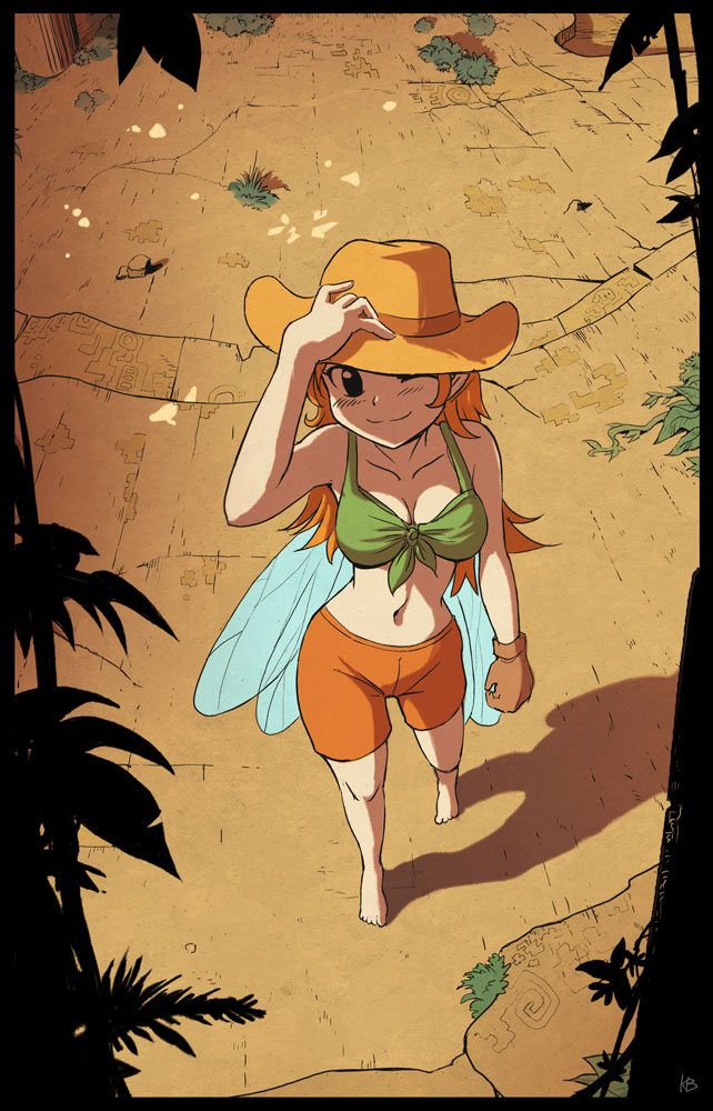 1girl blush bra breasts cleavage felarya gloves green_bra hat karbo medium_breasts medium_hair midriff navel orange_hair orange_shorts shorts smile solo subeta underwear