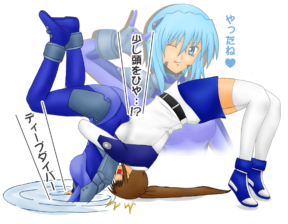 00s 2girls arched_back ass bad_id bad_pixiv_id bodysuit cool_your_head eyebrows facial_mark failure fuuma_nagi german_suplex heart lyrical_nanoha m/ mahou_shoujo_lyrical_nanoha mahou_shoujo_lyrical_nanoha_strikers military military_uniform multiple_girls numbers_(nanoha) one_eye_closed sein_(nanoha) side_ponytail spoken_heart suplex takamachi_nanoha thighhighs translated