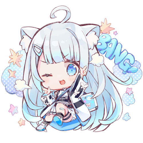 1girl ahoge amatsuka_uto animal_ear_fluff animal_ears aqua_hair bandaid bang_(gesture) belt belt_buckle blue_eyes blue_hair blue_shoes blush buckle butterfly_ornament case cat_ears choker cloud colored_tips dress finger_gun fishnet_legwear fishnets furrowed_brow hair_ornament hairclip heart heart_o-ring heart_ring_choker indie_virtual_youtuber jacket light_blue_hair lowres multicolored_hair o-ring o-ring_choker one_eye_closed pleated_skirt sencha_(senta_10) shoes shoulder_strap skirt star_(symbol) virtual_youtuber