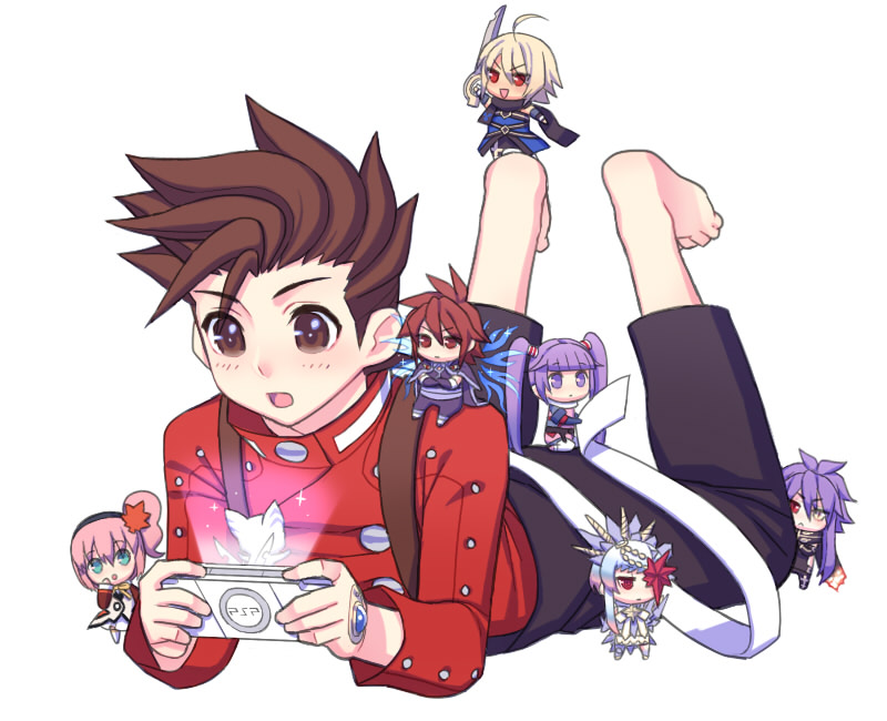 00s 3girls 4boys alfa_system barefoot blue_eyes brown_eyes brown_hair chibi crossover crystal emil_castagnier folks_(nabokof) goede handheld_game_console happy heterochromia kanonno_grassvalley kratos_aurion lloyd_irving long_hair mormo multiple_boys multiple_girls open_mouth pink_hair playstation_portable purple_eyes purple_hair razalis red_eyes red_hair short_hair side_ponytail silver_hair sophie_(tales) suspenders sword tales_of_(series) tales_of_graces tales_of_symphonia tales_of_symphonia:_dawn_of_the_new_world tales_of_the_world tales_of_the_world_radiant_mythology tales_of_the_world_radiant_mythology_3 twintails weapon wings