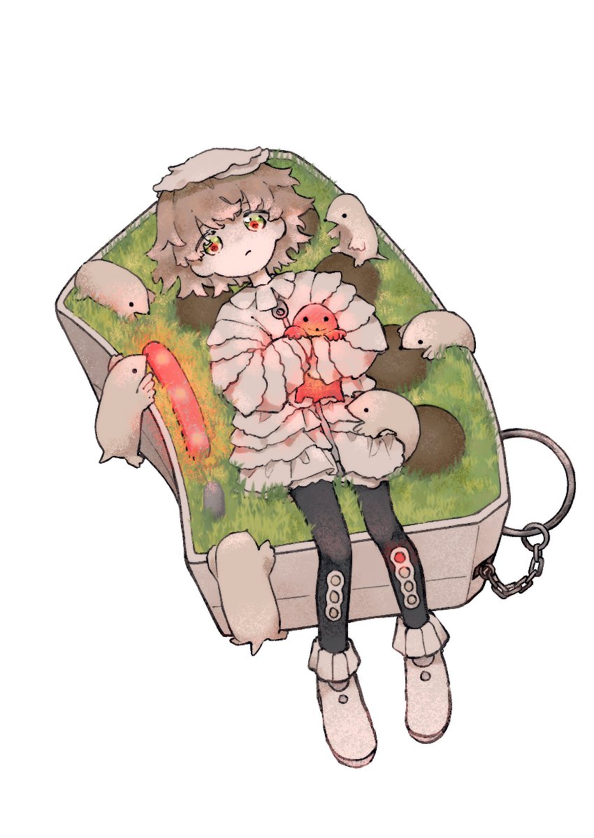 1other :/ androgynous animal animal_hug black_pantyhose box coat colored_skin fold-over_boots frilled_coat frills from_above full_body glowing_animal highres lying mole_(animal) no_nose on_back on_box on_grass original other_focus pantyhose payage shoes short_hair simple_background solo swept_bangs white_background white_shoes white_skin zipper_pull_tab