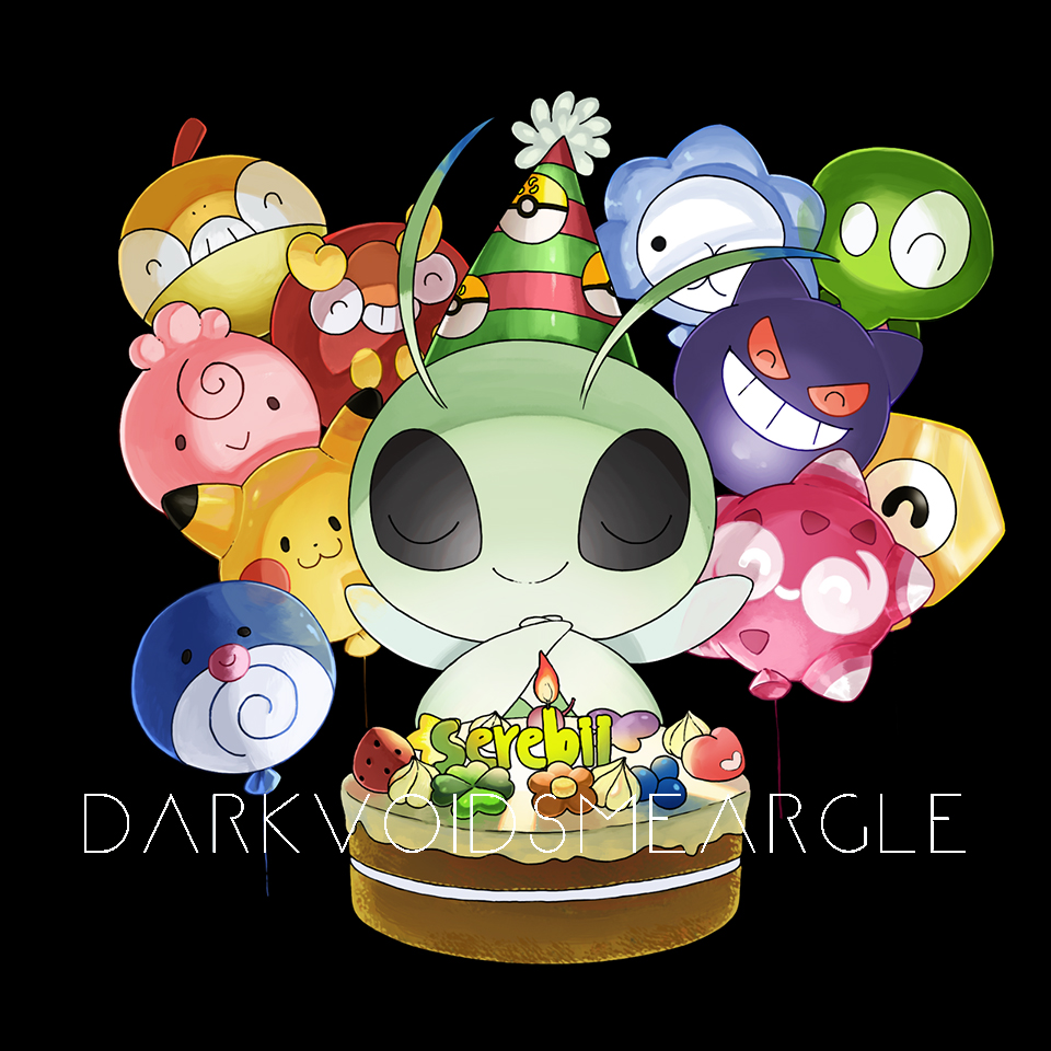 artist_name black_background cake candle celebi closed_eyes closed_mouth clothed_pokemon commentary creatures_(company) darkvoiddoble darumaka facing_viewer fire food game_freak gen_1_pokemon gen_2_pokemon gen_5_pokemon gen_6_pokemon gen_7_pokemon gen_8_pokemon gengar hat igglybuff legendary_pokemon meltan minior mythical_pokemon nintendo no_humans party_hat pikachu poke_ball_print pokemon pokemon_(creature) poliwag scraggy smile snom striped_clothes striped_headwear u_u watermark zygarde