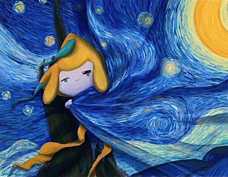 gen_3_pokemon gyura jirachi legendary_pokemon mythical_pokemon nintendo no_humans one_eye_closed painterly pokemon pokemon_(creature) ribbon signature starry_night_(van_gogh) under_covers vincent_van_gogh_(style) yellow_ribbon