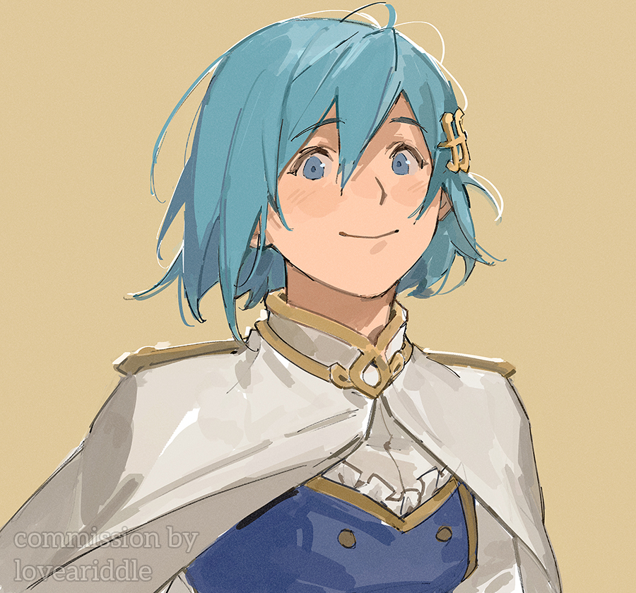 1girl blue_eyes blue_hair cape commission fortissimo frills hair_ornament looking_at_viewer loveariddle mahou_shoujo_madoka_magica mahou_shoujo_madoka_magica_(anime) miki_sayaka miki_sayaka_(magical_girl) musical_note musical_note_hair_ornament short_hair smile solo upper_body yellow_background
