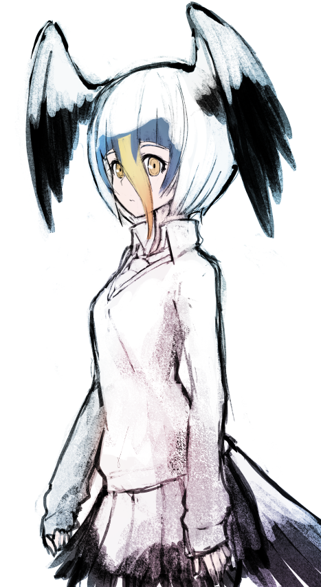 1girl bird_girl bird_tail bird_wings blonde_hair feathered_wings grey_hair head_wings ise_(0425) kemono_friends looking_at_viewer masked_booby_(kemono_friends) multicolored_hair necktie shirt short_hair simple_background skirt solo sweater tail white_hair white_sweater wings