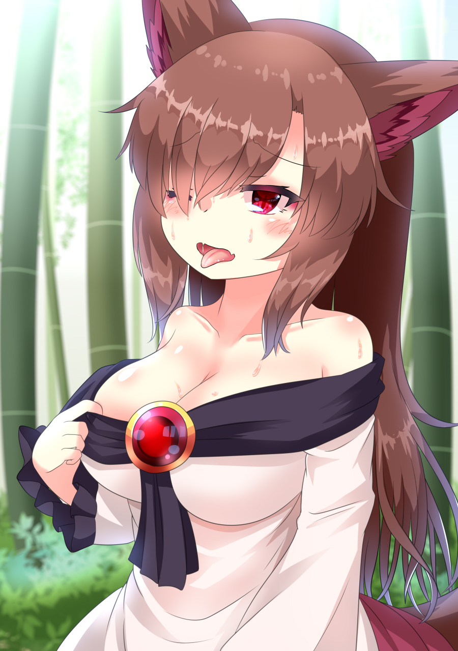 1girl animal_ear_fluff animal_ears bamboo bamboo_forest blush breasts brown_hair cleavage commentary_request dress forest hair_between_eyes hair_over_one_eye highres hot imaizumi_kagerou karasuma_amiru large_breasts long_bangs long_hair long_sleeves nature off-shoulder_dress off_shoulder one_eye_closed open_mouth paid_reward_available red_brooch red_eyes solo sweat tail tongue tongue_out touhou upper_body white_dress wolf_ears wolf_girl wolf_tail