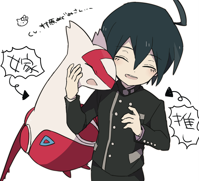 1boy ^_^ ahoge arrow_(symbol) black_jacket black_pants blue_hair bow buttons cat closed_eyes collared_jacket commentary_request cowboy_shot danganronpa_(series) danganronpa_v3:_killing_harmony double-breasted eyelashes game_freak gen_3_pokemon hair_between_eyes head_only heads_together hello_kitty hello_kitty_(character) high_collar jacket latias layered_sleeves legendary_pokemon light_blush long_sleeves male_focus nintendo open_mouth pants petting pocket pokemon pokemon_(creature) ruri_(2620981) saihara_shuichi sanrio short_hair simple_background smile speech_bubble teeth translation_request upper_teeth_only white_background