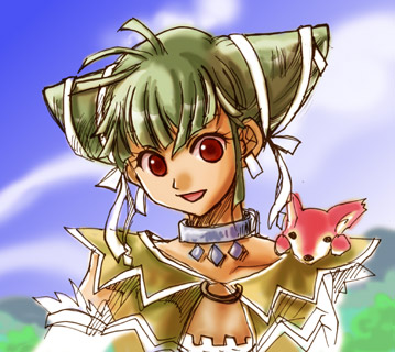 1girl :d antenna_hair choker collarbone cone_hair_bun creature female_focus fuju green_hair hair_bun looking_at_viewer looking_back lowres on_shoulder open_mouth red_eyes smile solo trusty_bell upper_body viola