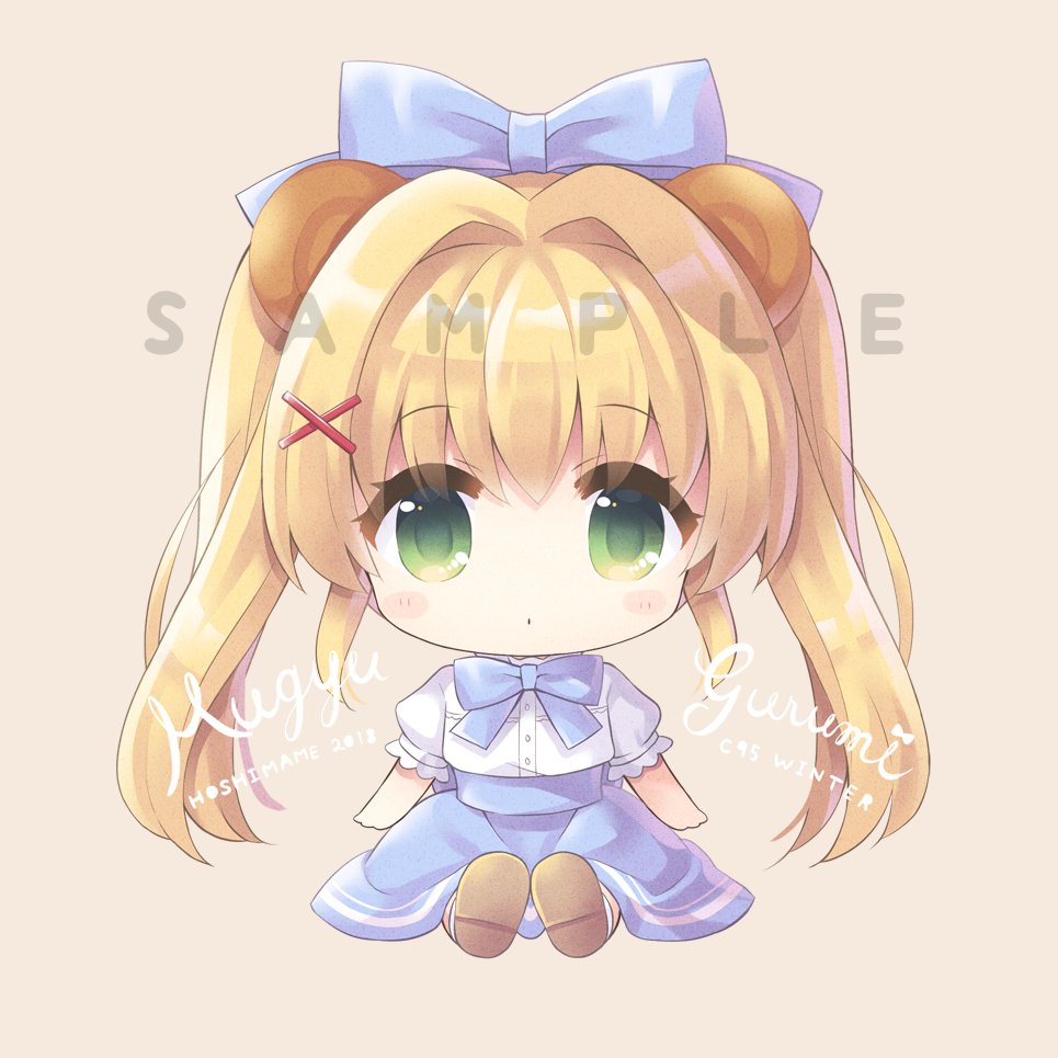 1girl 2018 animal_ears arms_at_sides artist_name bear_ears blonde_hair blue_bow blue_skirt blush_stickers bow chibi closed_mouth comiket_95 commentary_request dated eyes_visible_through_hair green_eyes hair_between_eyes hair_bow hair_intakes hair_ornament high-waist_skirt hoshimame_mana long_hair looking_at_viewer official_alternate_costume puffy_short_sleeves puffy_sleeves sample_watermark shirt short_sleeves sidelocks simple_background sitting skirt solo summer_pockets tareme tsumugi_wenders twintails watermark white_shirt x_hair_ornament yellow_background