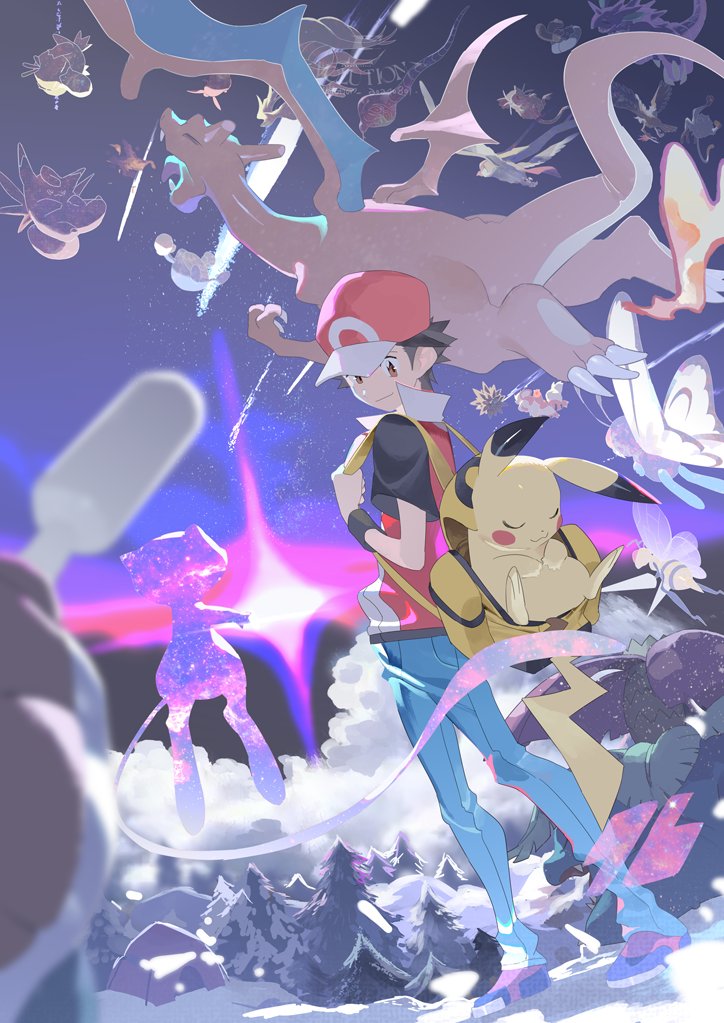1boy arbok backpack bag beedrill black_shirt blastoise brown_eyes butterfree charizard clefable closed_mouth e_volution gen_1_pokemon hat holding_strap legendary_pokemon looking_back male_focus mankey mew_(pokemon) mythical_pokemon nidoking night nintendo outdoors pants pidgeot pikachu pokemon pokemon_(creature) pokemon_frlg poliwhirl psyduck red_(pokemon) red_hat shirt shoes short_hair sky smile snow standing t-shirt tent tree vest wristband yellow_bag