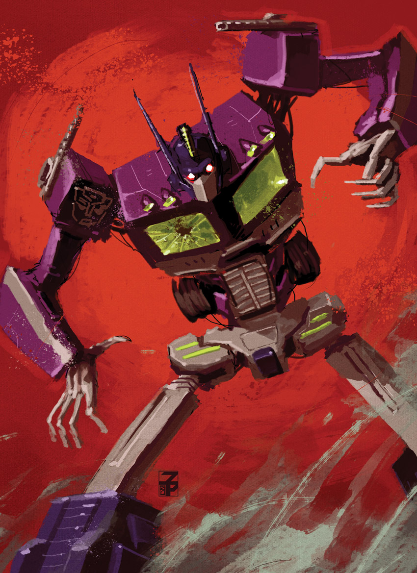 1boy autobot broken_glass commentary dyemooch english_commentary glass glowing glowing_eyes insignia leaning_forward mecha no_humans open_hands optimus_prime optimus_prime_(shattered_glass) red_background red_eyes robot solo transformers transformers_shattered_glass