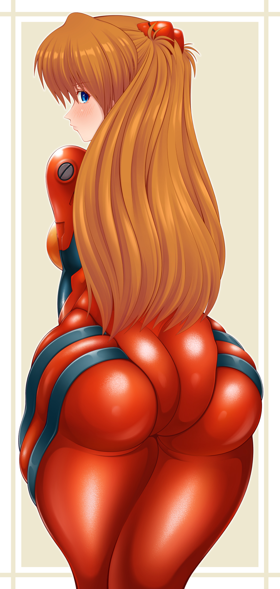 1girl ass ass_focus blue_eyes blush bodysuit breasts brown_hair butt_crack curvy embarrassed from_behind highres huge_ass legs_together lips long_hair looking_at_viewer looking_back mecha_pilot_suit medium_breasts neon_genesis_evangelion pixiv1478062 plugsuit_(evangelion) red_bodysuit shiny_clothes simple_background skin_tight skindentation solo souryuu_asuka_langley tsundere wide_hips