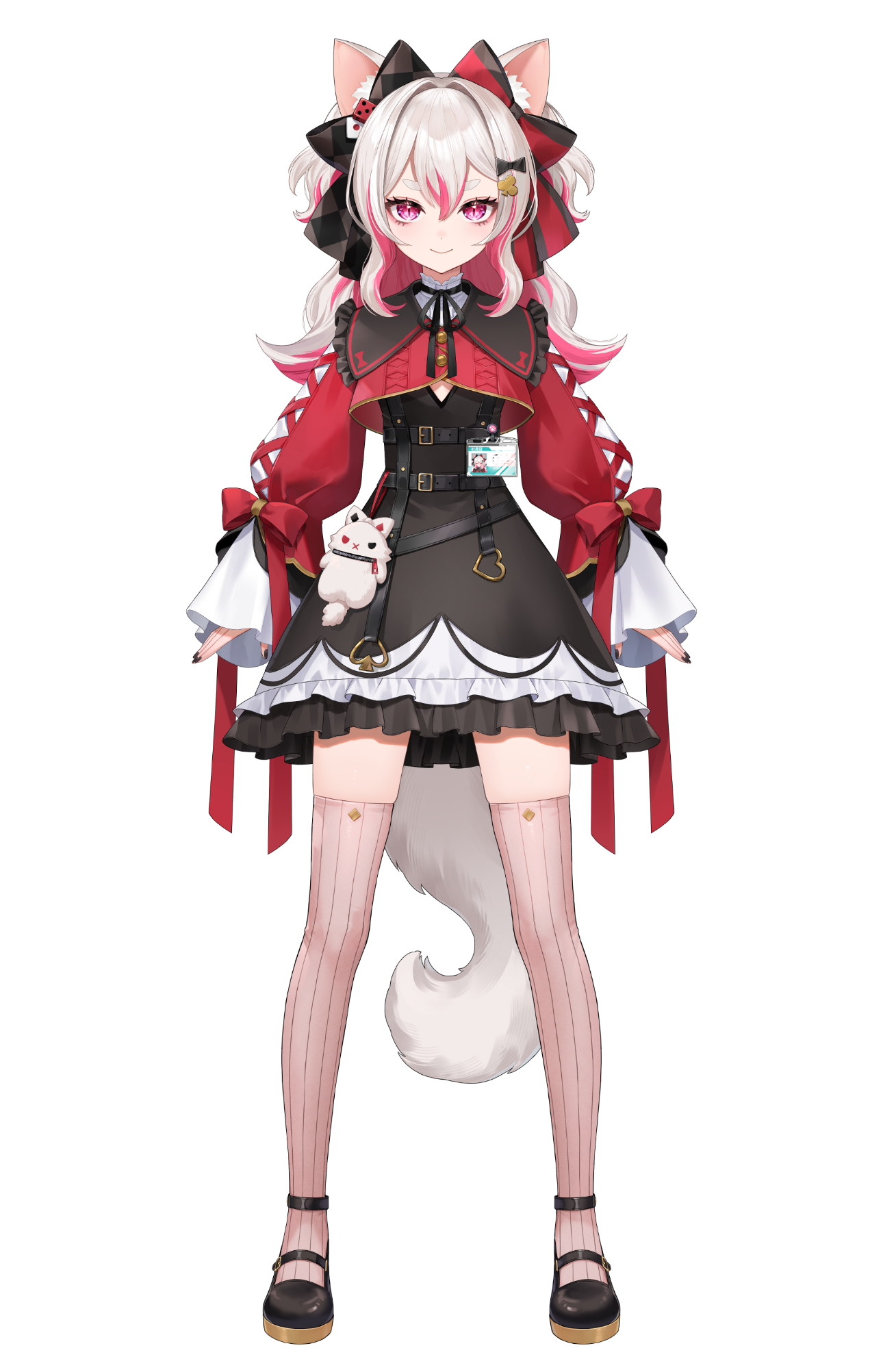 1girl animal_ear_fluff animal_ears black_nails black_ribbon black_shoes cat_ears cat_girl cat_tail closed_mouth club_hair_ornament eyelashes fingernails frills full_body grey_hair hair_between_eyes highres id_card long_hair multicolored_hair nail_polish neck_ribbon nima_(niru54) official_art pink_hair ribbon shoes short_eyebrows simple_background sleeves_past_wrists smile solo standing striped_clothes striped_thighhighs sukiyabashi_renge tachi-e tail thick_eyebrows thighhighs transparent_background two-tone_hair v-shaped_eyebrows vebop_project virtual_youtuber zipper zipper_pull_tab