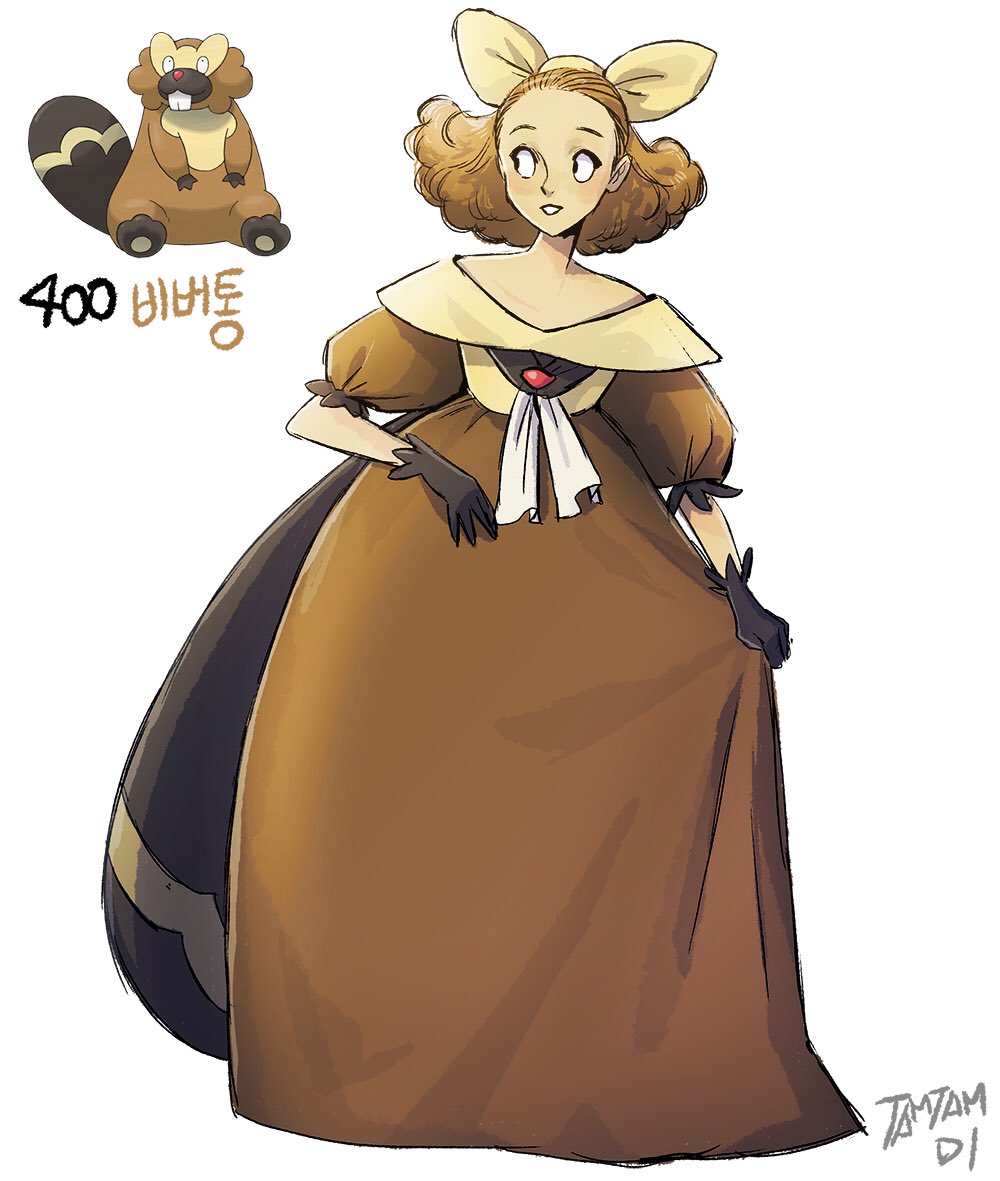 1girl artist_name bibarel black_gloves bow brown_dress brown_hair creature_and_personification curly_hair dress full_body game_freak gen_4_pokemon gloves korean_commentary nintendo parted_lips personification pokemon pokemon_(creature) puffy_short_sleeves puffy_sleeves reference_inset ribbon short_hair short_sleeves sideways_glance simple_background tamtamdi translated white_background yellow_ribbon