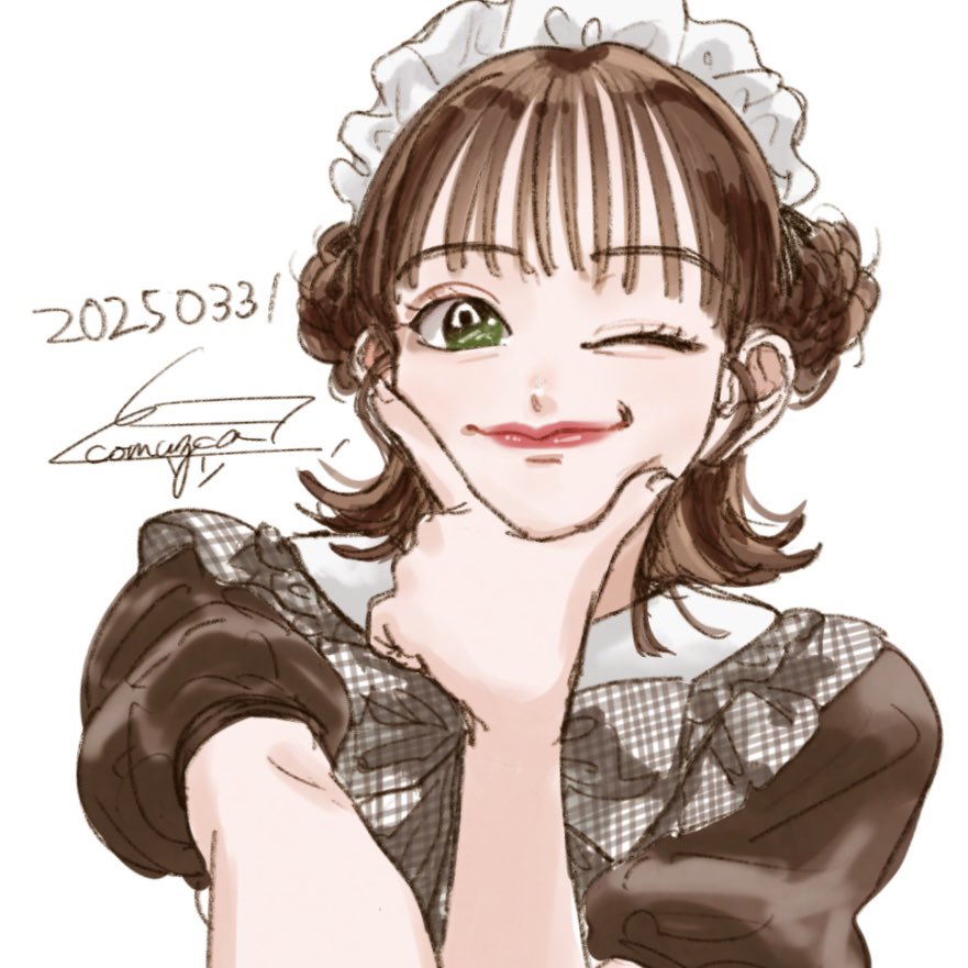 1girl ;) actor artist_name black_shirt bow bowtie braid braided_bun brown_hair closed_mouth commentary dated double_bun food green_eyes grey_bow grey_bowtie hair_bun hand_on_own_chin hands_up komuzuka kosuge_rei light_smile lips looking_at_viewer maid maid_headdress medium_hair one_eye_closed onigiri outstretched_arm plaid_bow plaid_bowtie plaid_clothes puffy_short_sleeves puffy_sleeves reaching reaching_towards_viewer real_life selfie shirt short_sleeves signature simple_background smile solo symbol-only_commentary symbol_in_eye upper_body white_background