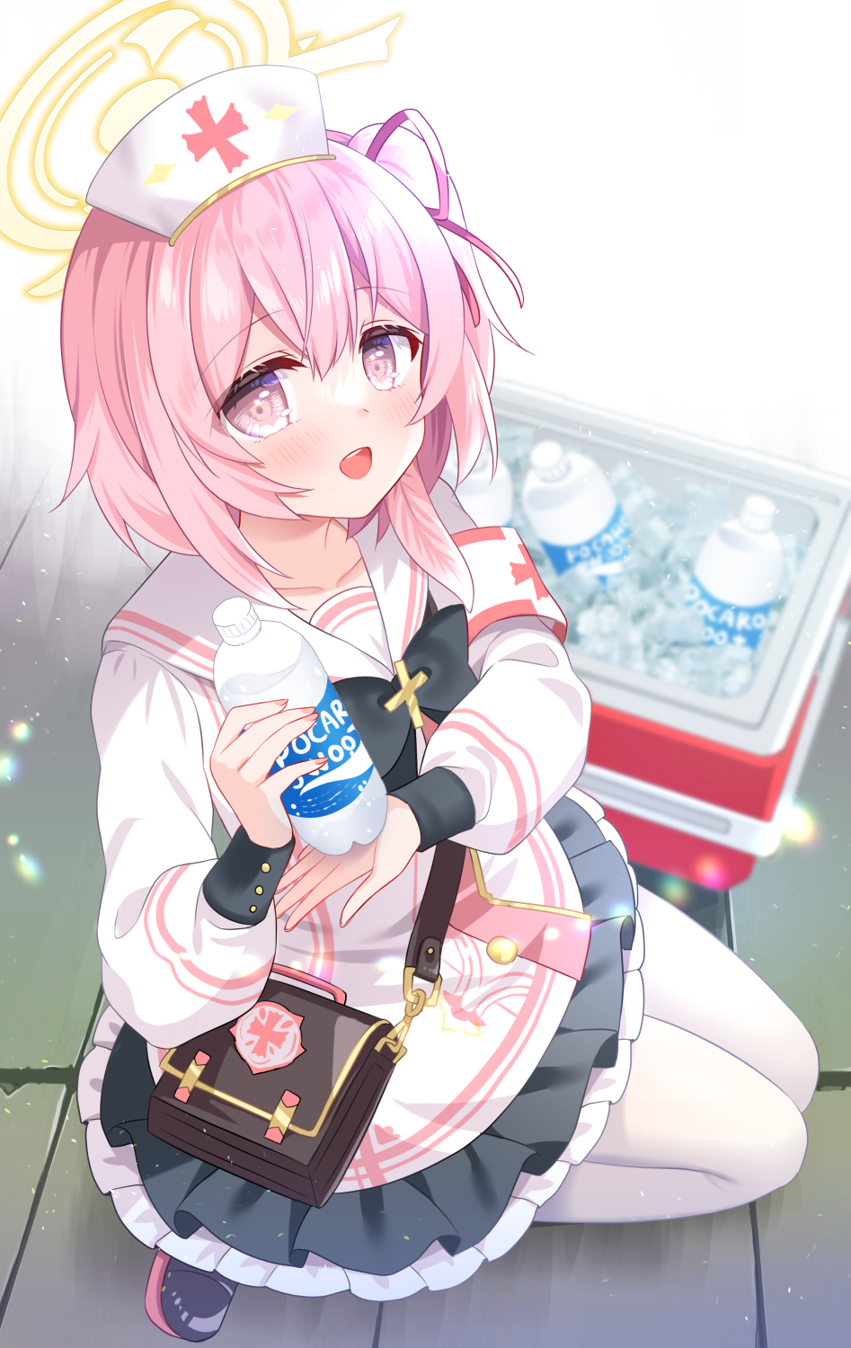 1girl bag black_bow blue_archive blush bottle bow commentary_request cooler frills hair_between_eyes hair_ribbon halo hat highres holding holding_bottle ice ice_cube kneeling long_sleeves looking_at_viewer nurse_cap one_side_up open_mouth pink_eyes pink_hair pocari_sweat red_ribbon ribbon ringo_sui sailor_collar serina_(blue_archive) sitting solo white_sailor_collar